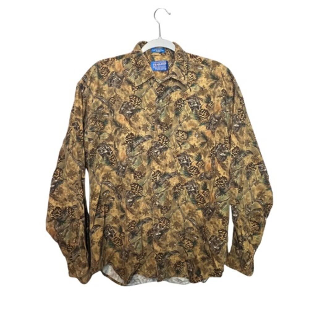 VTG Pendleton Brown 100% Cotton Pine Cone Canoe Button Up Shirt Men's Medium
